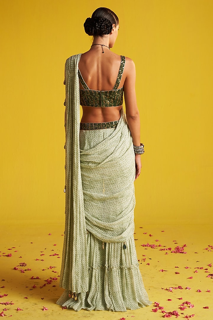 Green & Brown Georgette Digital Printed Pant Wedding Saree Set by Studio Bagechaa at Pernia's Pop Up Shop