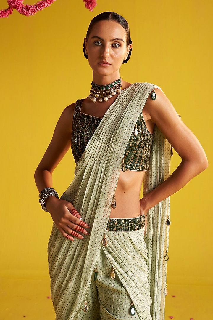 Green & Brown Georgette Digital Printed Pant Wedding Saree Set by Studio Bagechaa at Pernia's Pop Up Shop