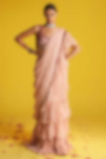 Orange & Ivory Georgette Polka Dot Printed Ruffled Saree Set by Studio Bagechaa at Pernia's Pop Up Shop