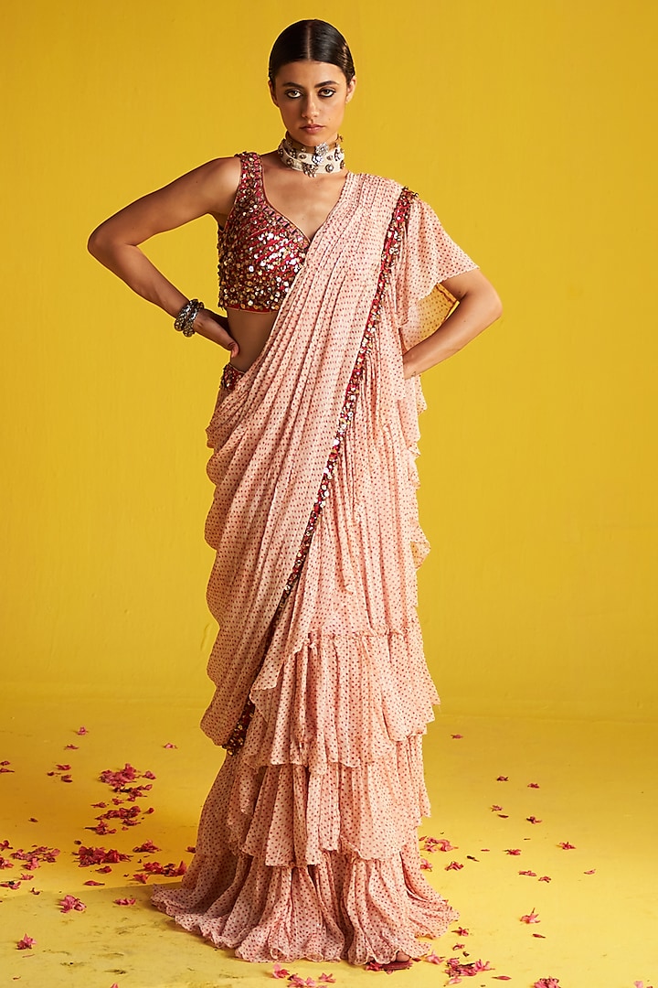 Orange & Ivory Georgette Polka Dot Printed Ruffled Saree Set by Studio Bagechaa at Pernia's Pop Up Shop