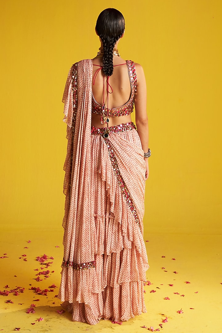 Orange & Ivory Georgette Polka Dot Printed Ruffled Wedding Saree Set by Studio Bagechaa at Pernia's Pop Up Shop