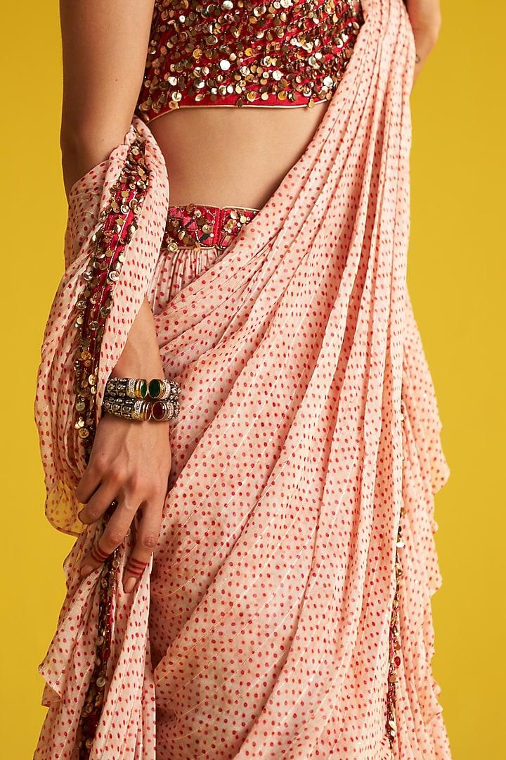Orange & Ivory Georgette Polka Dot Printed Ruffled Wedding Saree Set by Studio Bagechaa at Pernia's Pop Up Shop