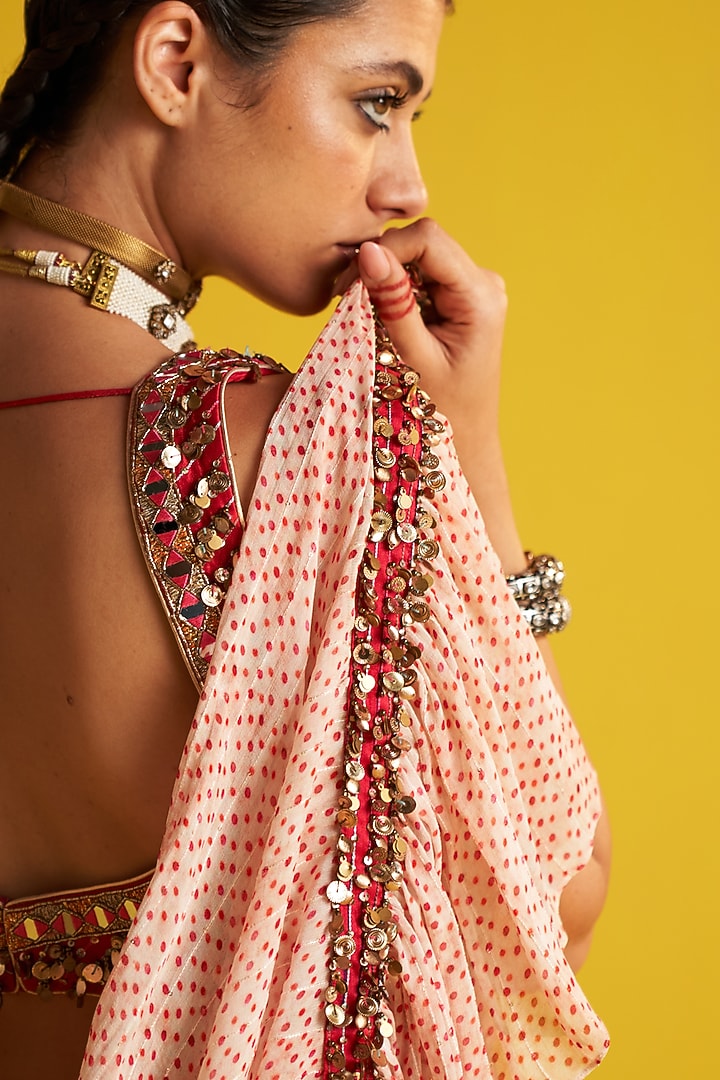 Orange & Ivory Georgette Polka Dot Printed Ruffled Wedding Saree Set by Studio Bagechaa at Pernia's Pop Up Shop
