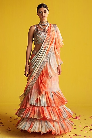 Multi-Colored Georgette Digital Printed Ruffled Saree Set by Studio Bagechaa