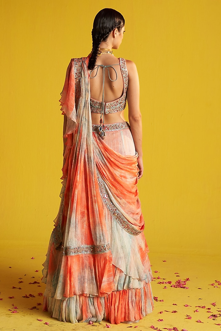 Multi-Colored Georgette Digital Printed Ruffled Wedding Saree Set by Studio Bagechaa at Pernia's Pop Up Shop