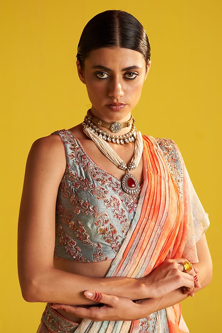 Multi-Colored Georgette Digital Printed Ruffled Wedding Saree Set by Studio Bagechaa at Pernia's Pop Up Shop