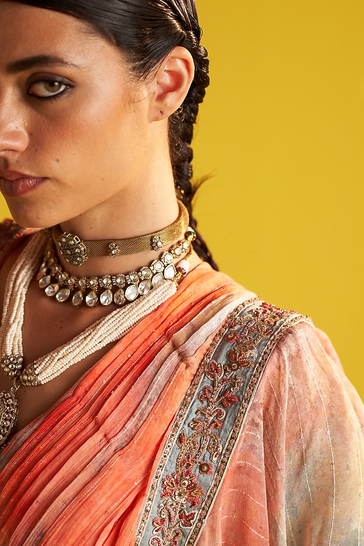 Multi-Colored Georgette Digital Printed Ruffled Wedding Saree Set by Studio Bagechaa at Pernia's Pop Up Shop