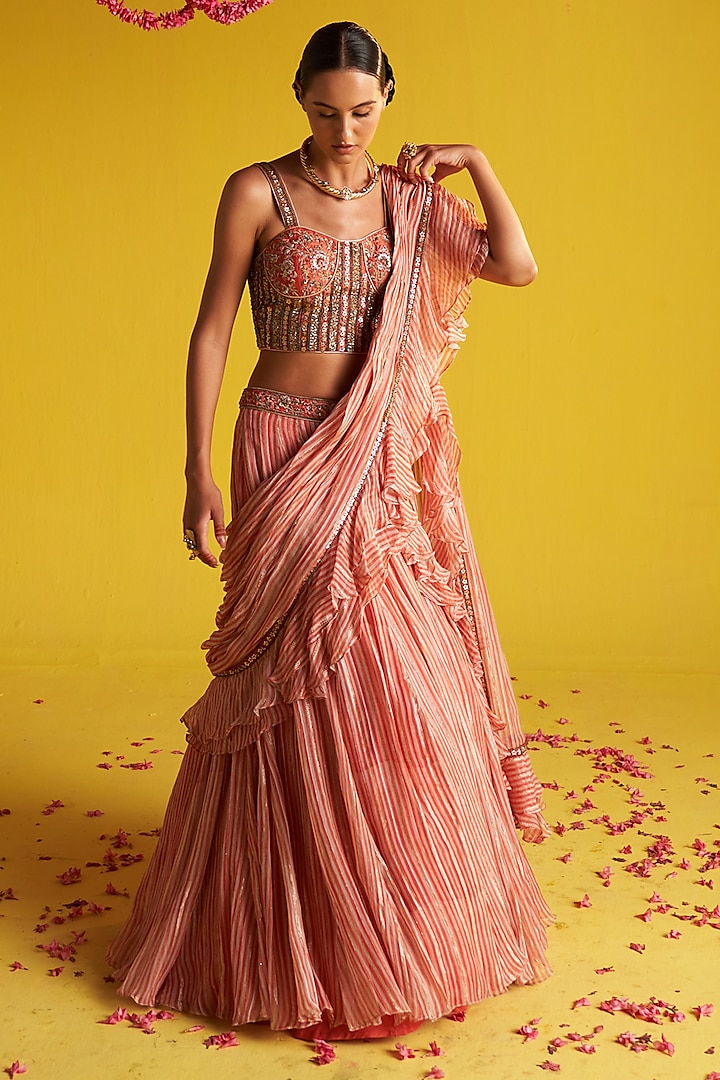 Peach & Ivory Georgette Stripe Printed Ruffled Draped Saree Set by Studio Bagechaa at Pernia's Pop Up Shop