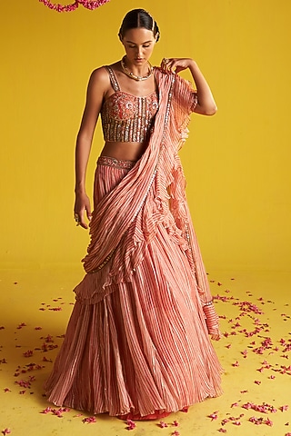 Peach & Ivory Georgette Stripe Printed Ruffled Draped Saree Set by Studio Bagechaa