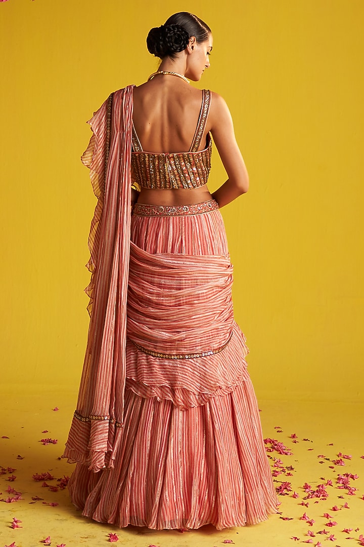 Peach & Ivory Georgette Stripe Printed Ruffled Draped Wedding Saree Set by Studio Bagechaa at Pernia's Pop Up Shop
