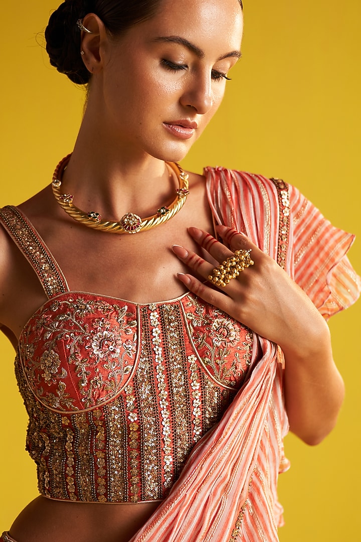 Peach & Ivory Georgette Stripe Printed Ruffled Draped Wedding Saree Set by Studio Bagechaa at Pernia's Pop Up Shop