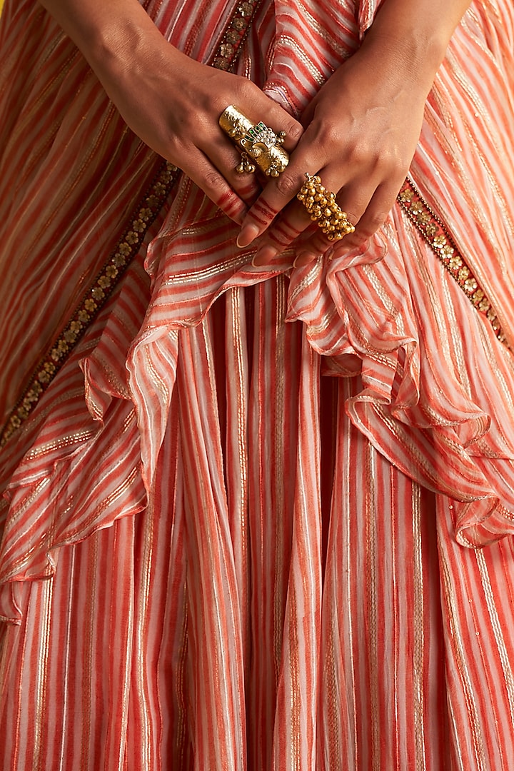 Peach & Ivory Georgette Stripe Printed Ruffled Draped Wedding Saree Set by Studio Bagechaa at Pernia's Pop Up Shop