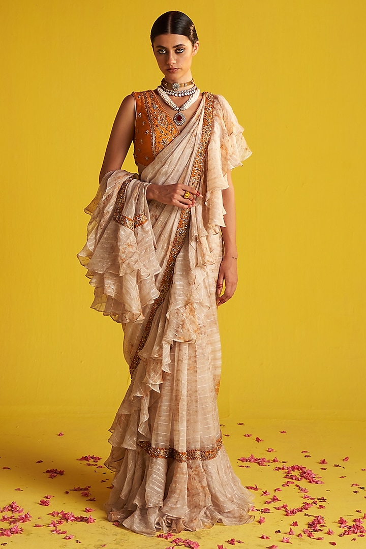 Yellow & Ivory Georgette Digital Printed Ruffled Saree Set by Studio Bagechaa at Pernia's Pop Up Shop