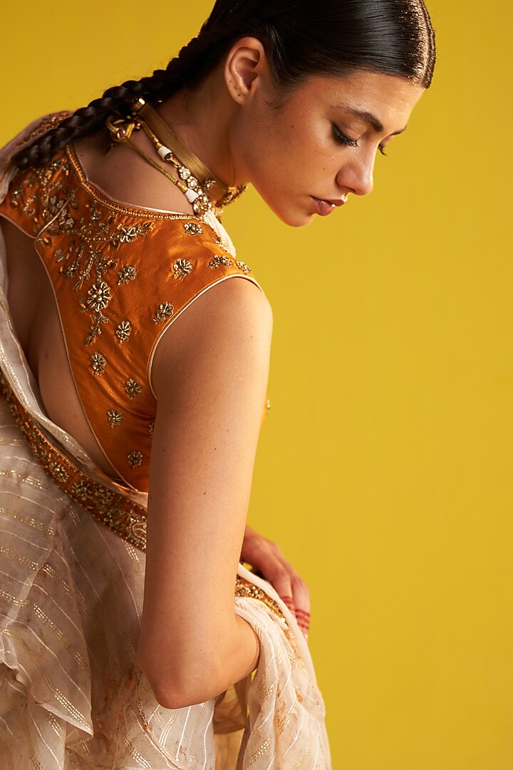 Yellow & Ivory Georgette Digital Printed Ruffled Wedding Saree Set by Studio Bagechaa at Pernia's Pop Up Shop