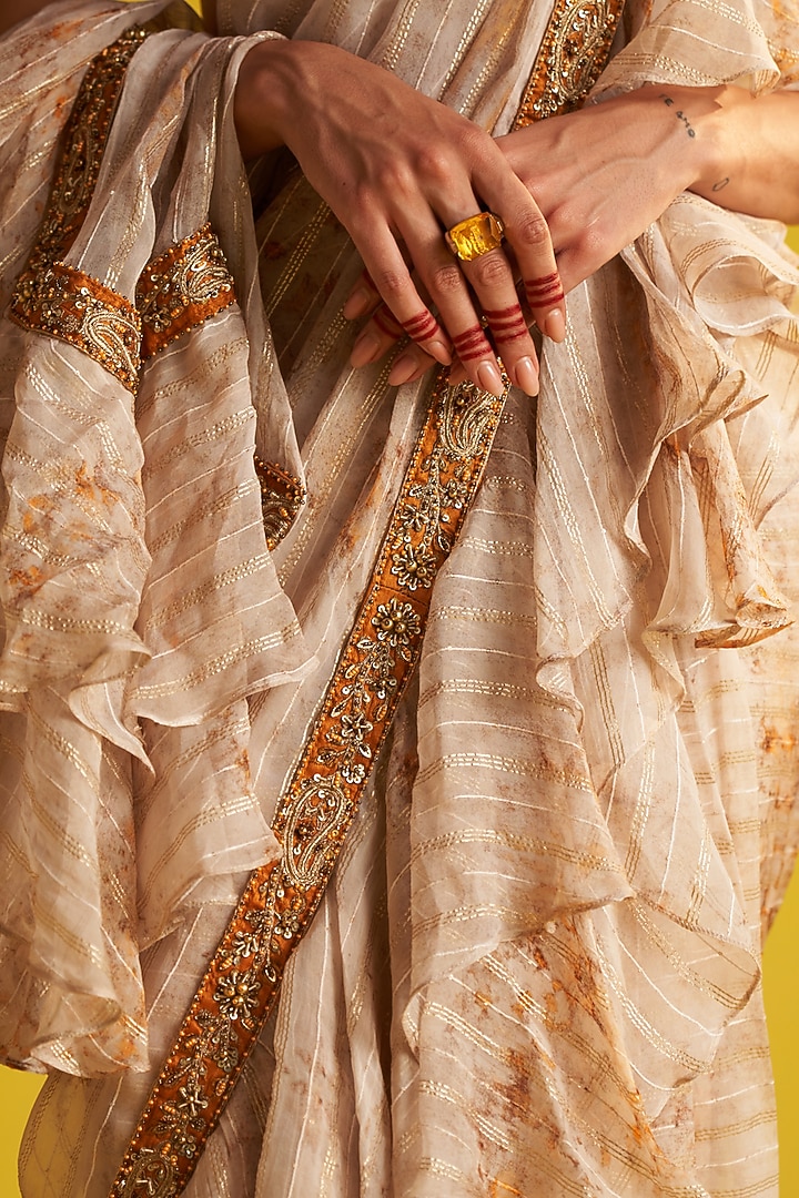 Yellow & Ivory Georgette Digital Printed Ruffled Wedding Saree Set by Studio Bagechaa at Pernia's Pop Up Shop