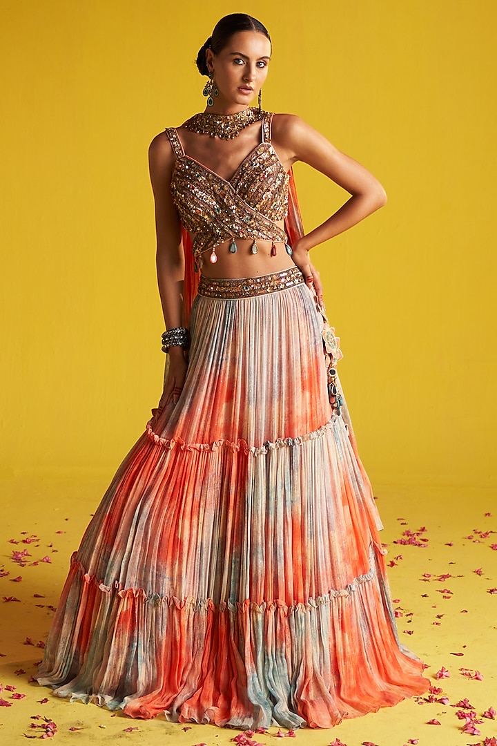 Multi-Colored Georgette Digital Printed & Hand Embroidered Wedding Lehenga Set by Studio Bagechaa at Pernia's Pop Up Shop