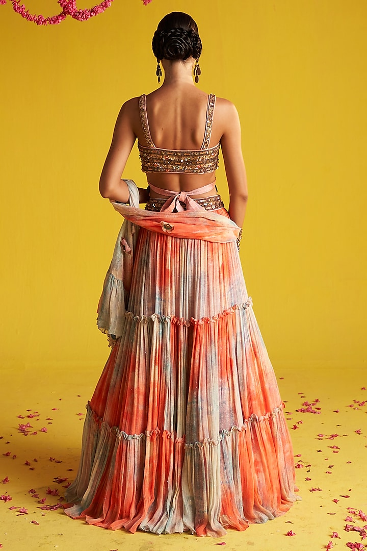 Multi-Colored Georgette Digital Printed & Hand Embroidered Wedding Lehenga Set by Studio Bagechaa at Pernia's Pop Up Shop