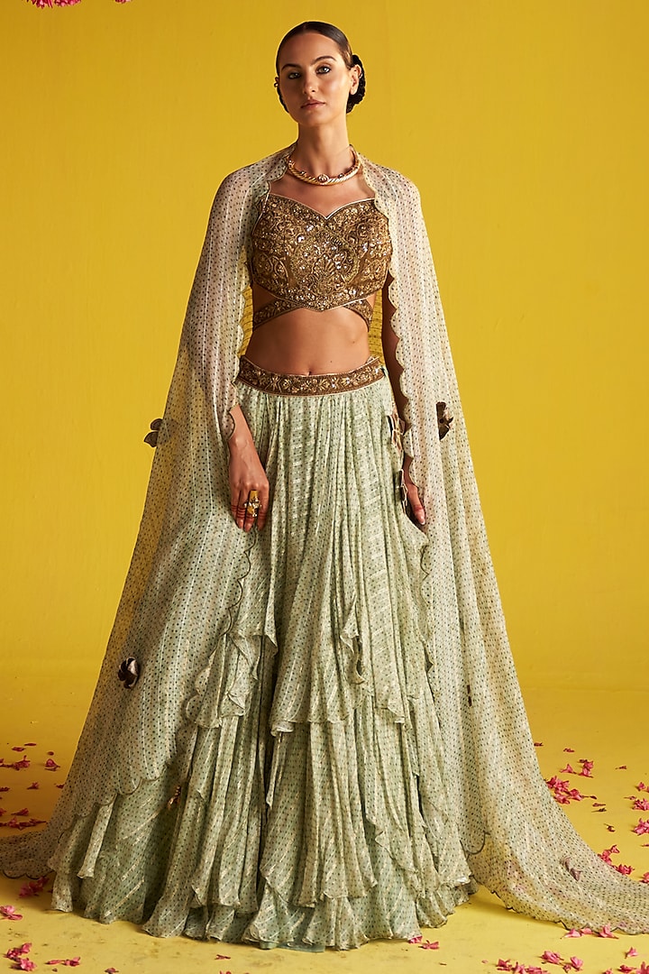 Green Georgette Polka Dot Printed & Hand Embroidered Wedding Lehenga Set by Studio Bagechaa at Pernia's Pop Up Shop