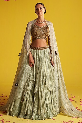 Green Georgette Polka Dot Printed & Hand Embroidered Lehenga Set by Studio Bagechaa