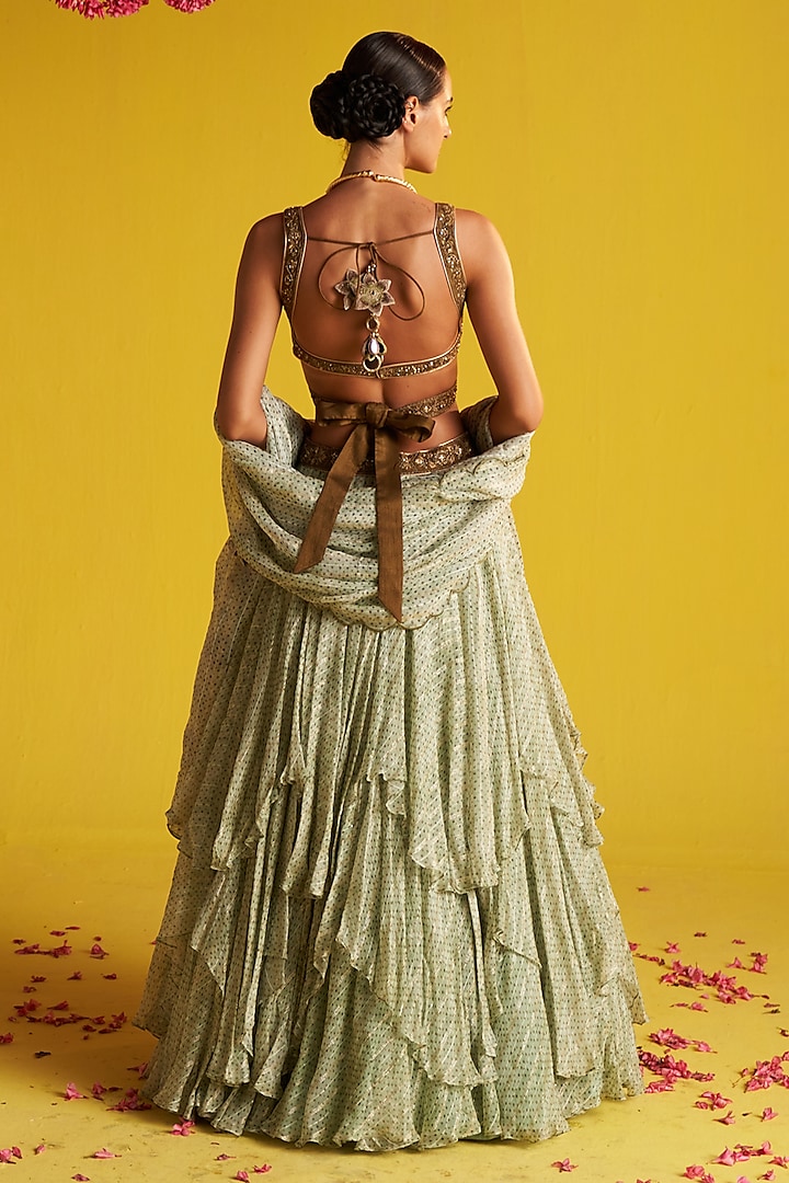 Green Georgette Polka Dot Printed & Hand Embroidered Wedding Lehenga Set by Studio Bagechaa at Pernia's Pop Up Shop