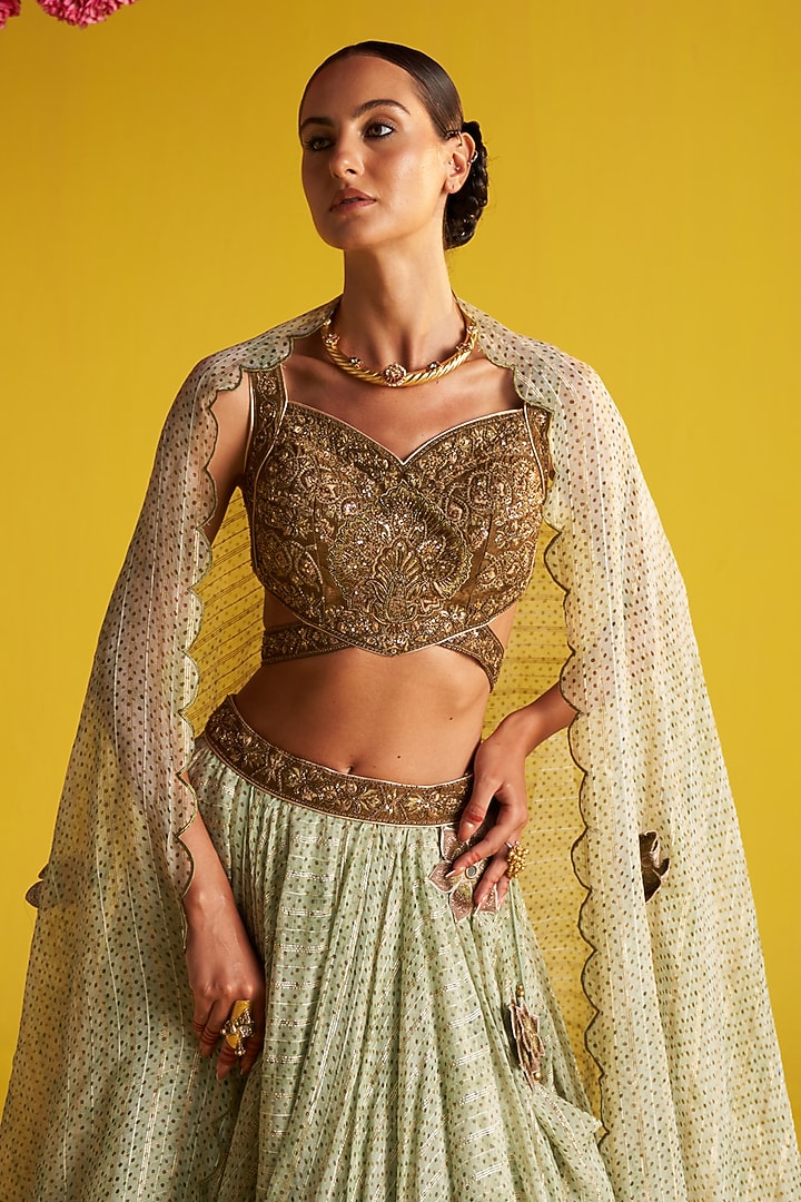 Green Georgette Polka Dot Printed & Hand Embroidered Wedding Lehenga Set by Studio Bagechaa at Pernia's Pop Up Shop