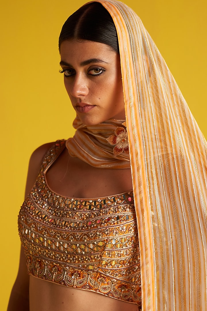 Yellow Georgette Stripe Printed & Hand Embroidered Wedding Lehenga Set by Studio Bagechaa at Pernia's Pop Up Shop