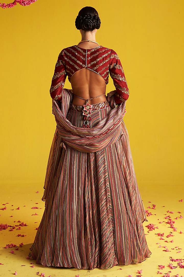 Multi-Colored Georgette Stripe Printed & Hand Embroidered Wedding Lehenga Set by Studio Bagechaa at Pernia's Pop Up Shop
