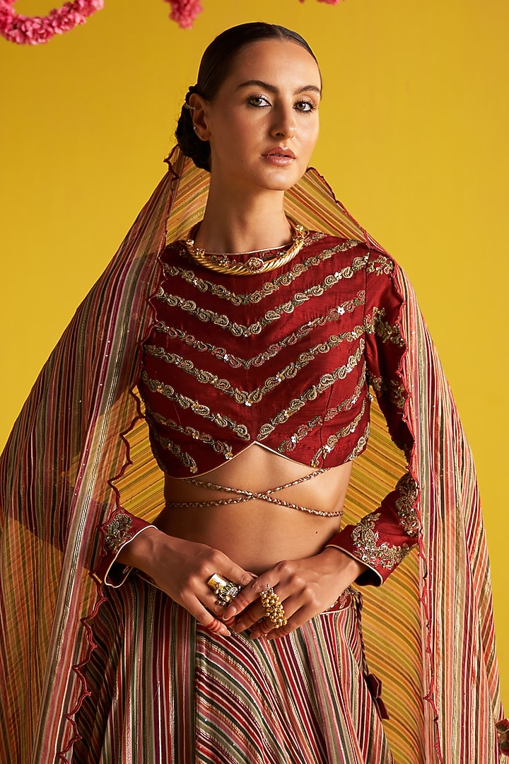 Multi-Colored Georgette Stripe Printed & Hand Embroidered Wedding Lehenga Set by Studio Bagechaa at Pernia's Pop Up Shop