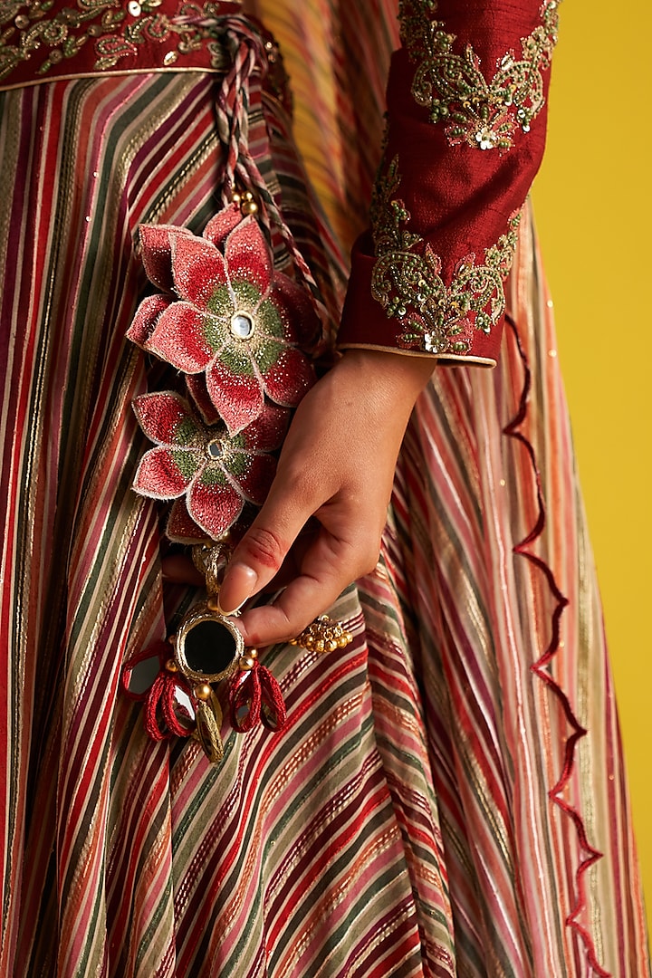 Multi-Colored Georgette Stripe Printed & Hand Embroidered Wedding Lehenga Set by Studio Bagechaa at Pernia's Pop Up Shop