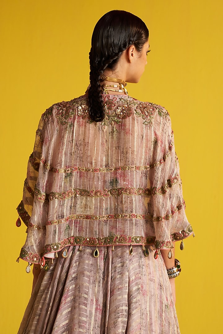 Multi-Colored Organza Stripe Printed & Hand Embroidered Jacket Wedding Lehenga Set by Studio Bagechaa at Pernia's Pop Up Shop
