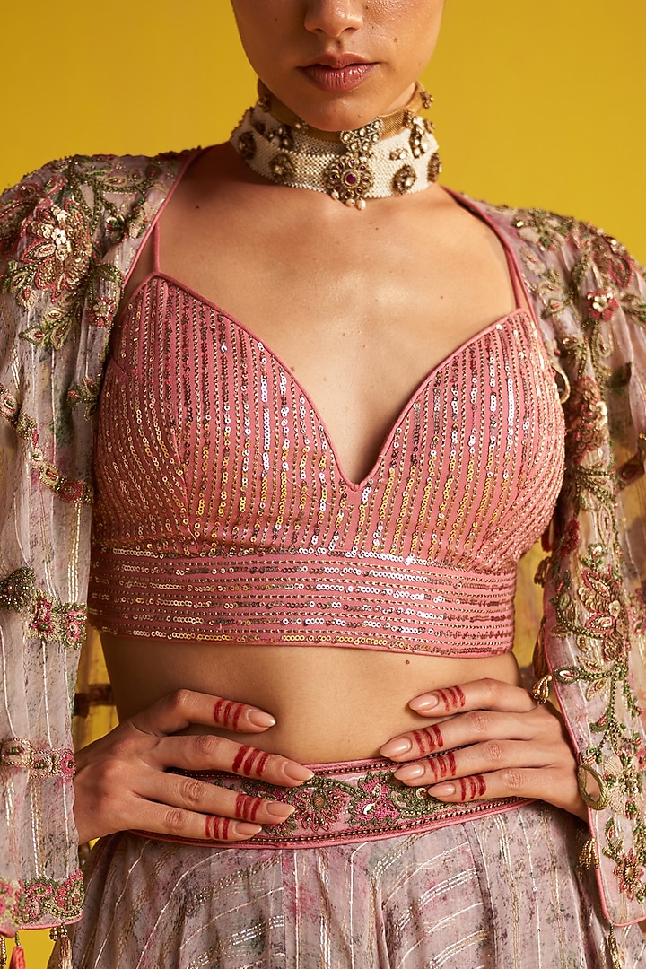 Multi-Colored Organza Stripe Printed & Hand Embroidered Jacket Wedding Lehenga Set by Studio Bagechaa at Pernia's Pop Up Shop