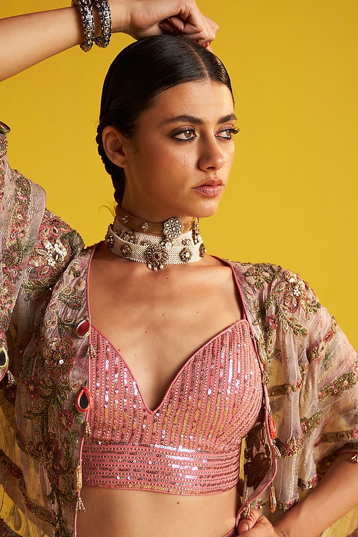 Multi-Colored Organza Stripe Printed & Hand Embroidered Jacket Wedding Lehenga Set by Studio Bagechaa at Pernia's Pop Up Shop