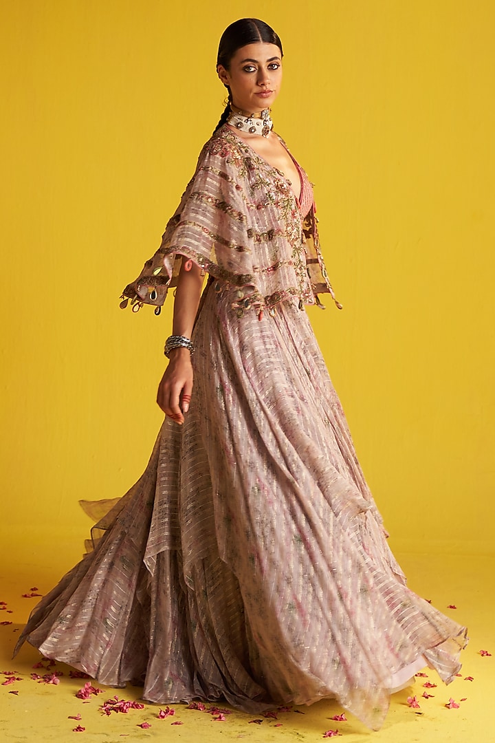 Multi-Colored Organza Stripe Printed & Hand Embroidered Jacket Wedding Lehenga Set by Studio Bagechaa at Pernia's Pop Up Shop