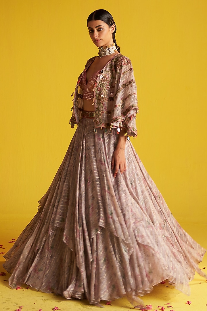 Multi-Colored Organza Stripe Printed & Hand Embroidered Jacket Wedding Lehenga Set by Studio Bagechaa at Pernia's Pop Up Shop