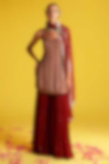 Maroon Organza Sharara Set by Studio Bagechaa at Pernia's Pop Up Shop