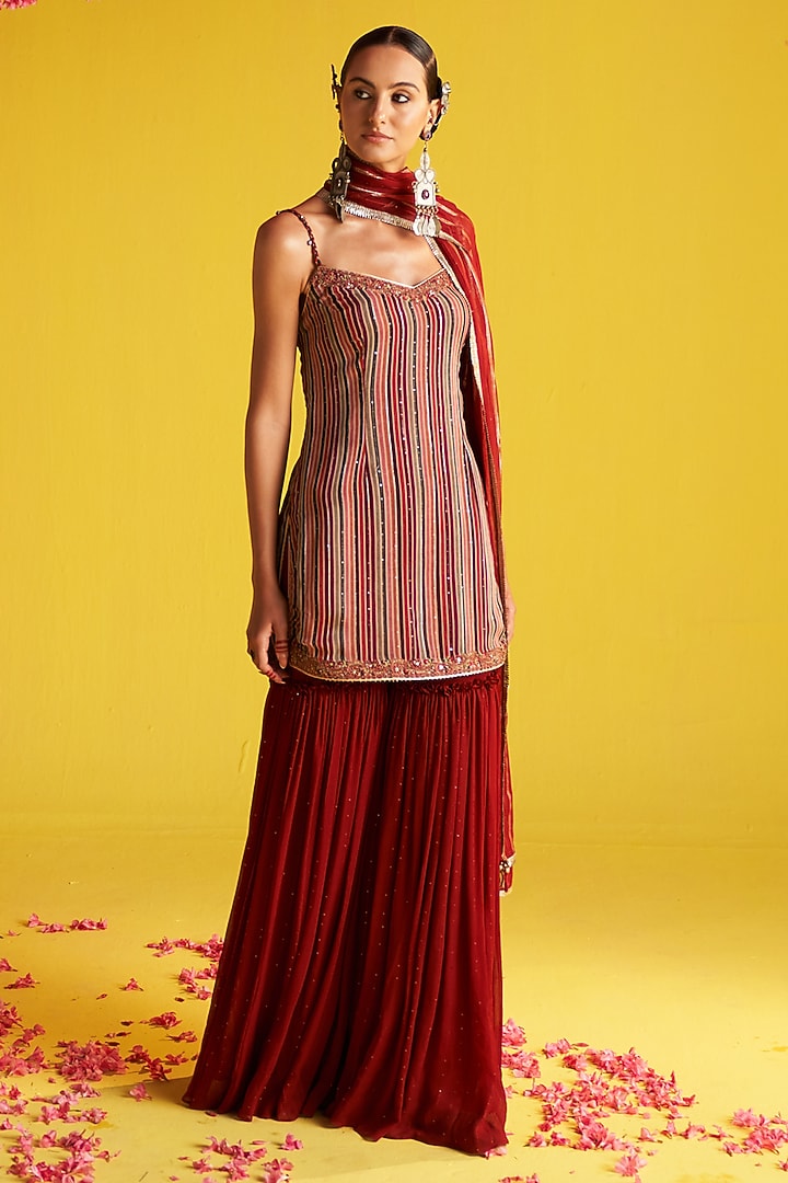 Maroon Organza Party Wear Sharara Set by Studio Bagechaa at Pernia's Pop Up Shop
