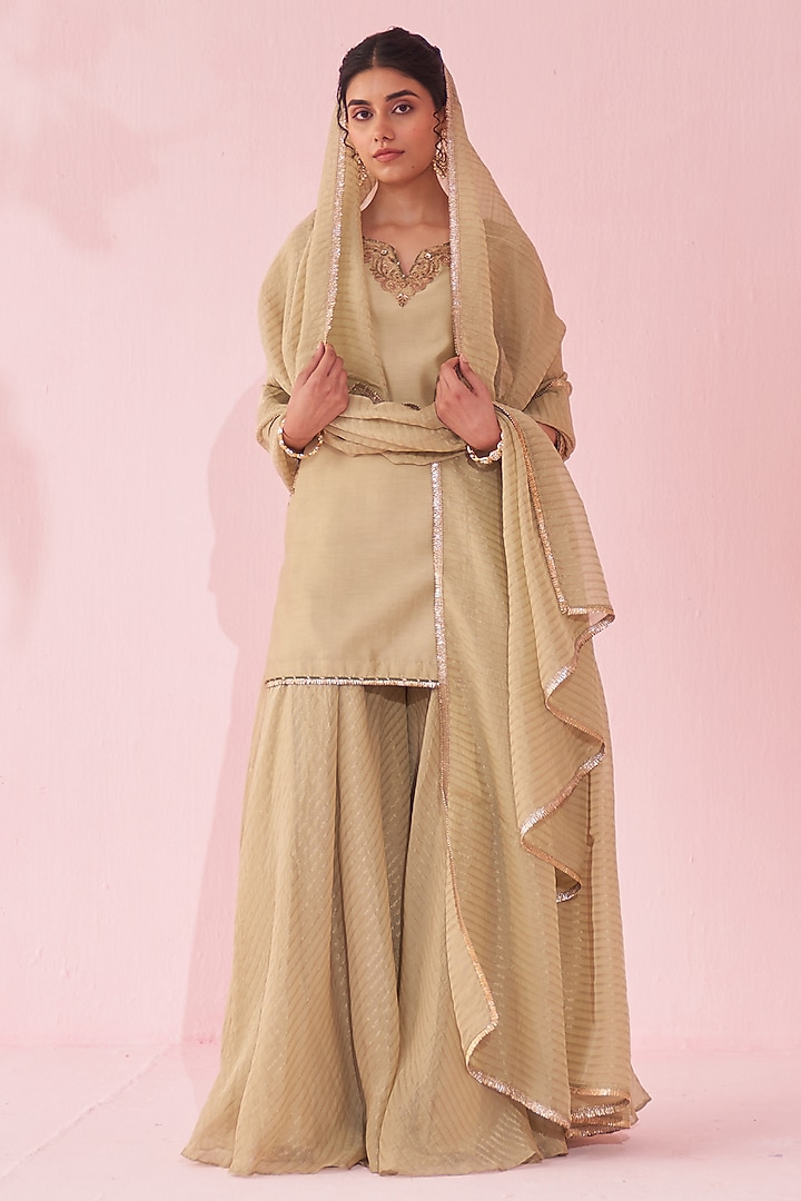 Green Chanderi & Organza Flowy Wedding Sharara Set by Studio Bagechaa at Pernia's Pop Up Shop