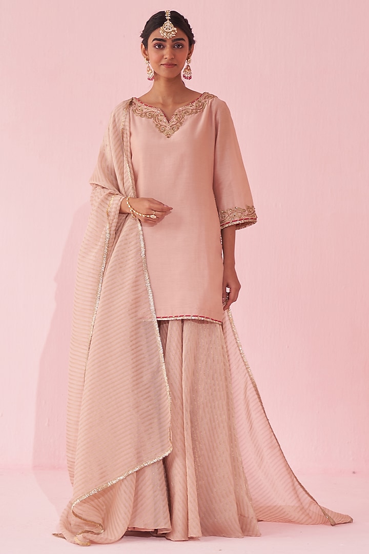Blush Pink Chanderi & Organza Flowy Wedding Sharara Set by Studio Bagechaa at Pernia's Pop Up Shop