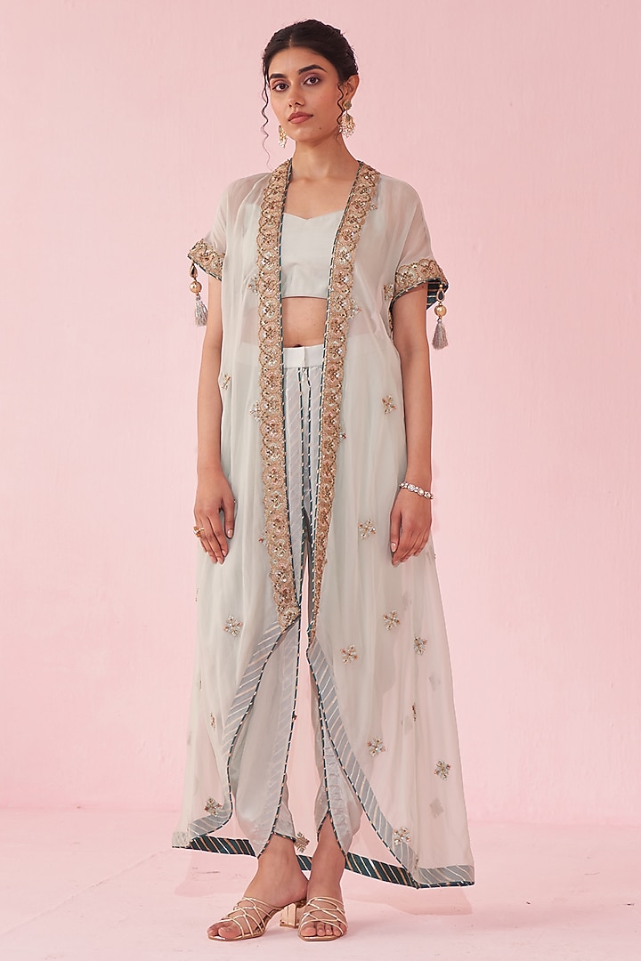 Pale Blue Organza Hand & Machine Embroidered Cape Set by Studio Bagechaa at Pernia's Pop Up Shop