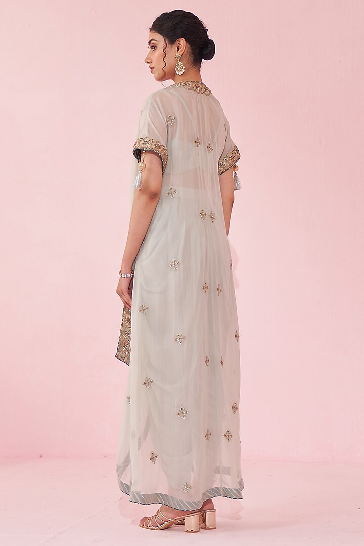 Pale Blue Organza Hand & Machine Embroidered Cape Set by Studio Bagechaa at Pernia's Pop Up Shop