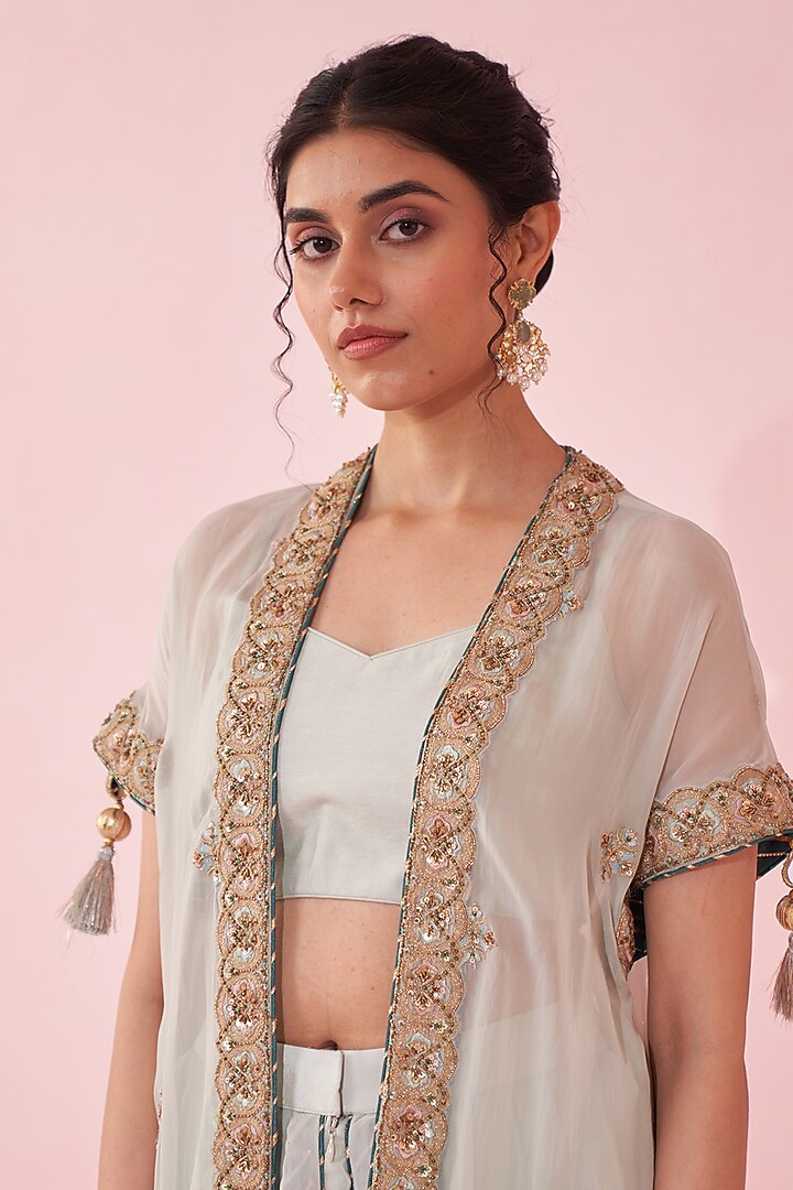 Pale Blue Organza Hand & Machine Embroidered Cape Set by Studio Bagechaa at Pernia's Pop Up Shop