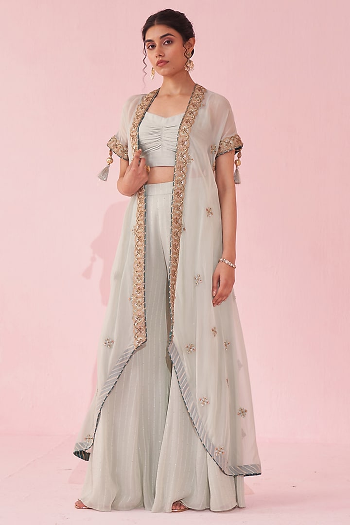 Pale Blue Organza Hand & Machine Embroidered Cape Set by Studio Bagechaa at Pernia's Pop Up Shop