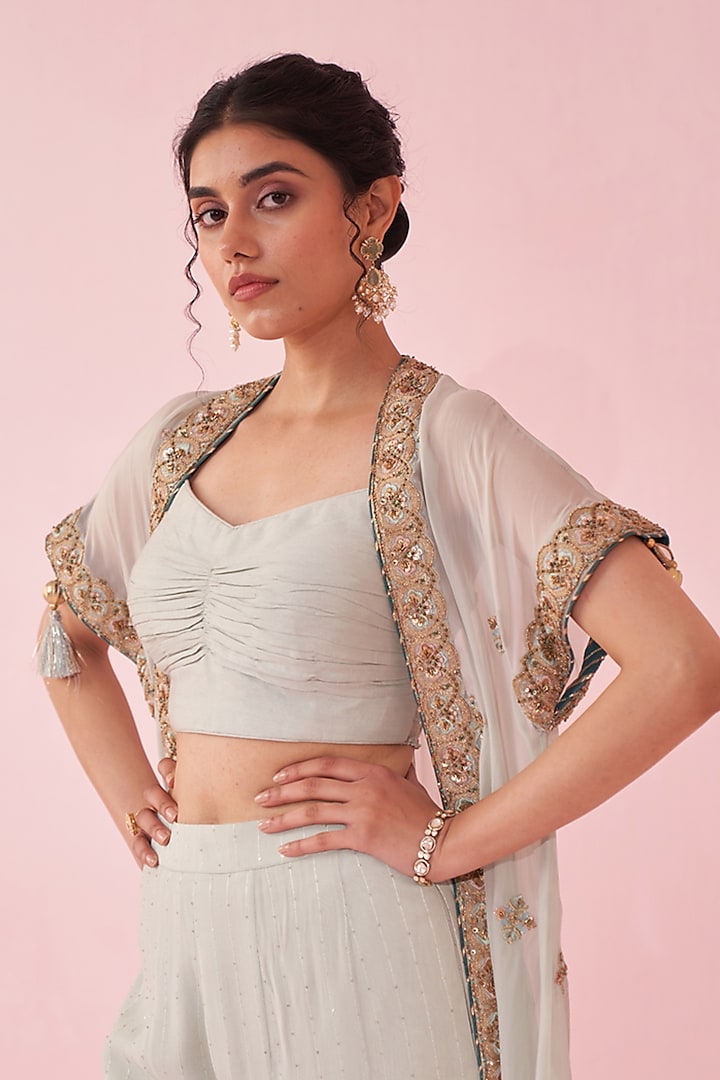 Pale Blue Organza Hand & Machine Embroidered Cape Set by Studio Bagechaa at Pernia's Pop Up Shop
