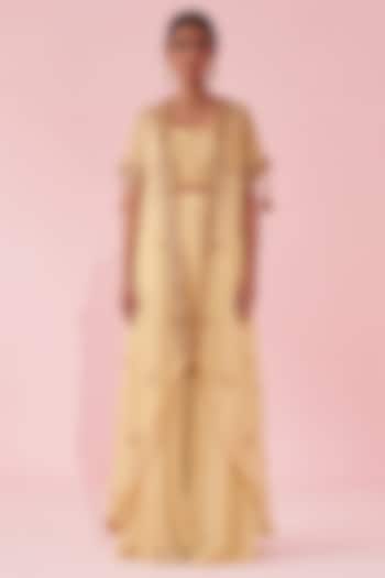 Yellow Organza Hand & Machine Embroidered Cape Set by Studio Bagechaa at Pernia's Pop Up Shop