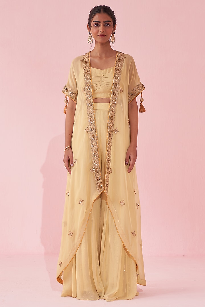 Yellow Organza Hand & Machine Embroidered Cape Set by Studio Bagechaa at Pernia's Pop Up Shop