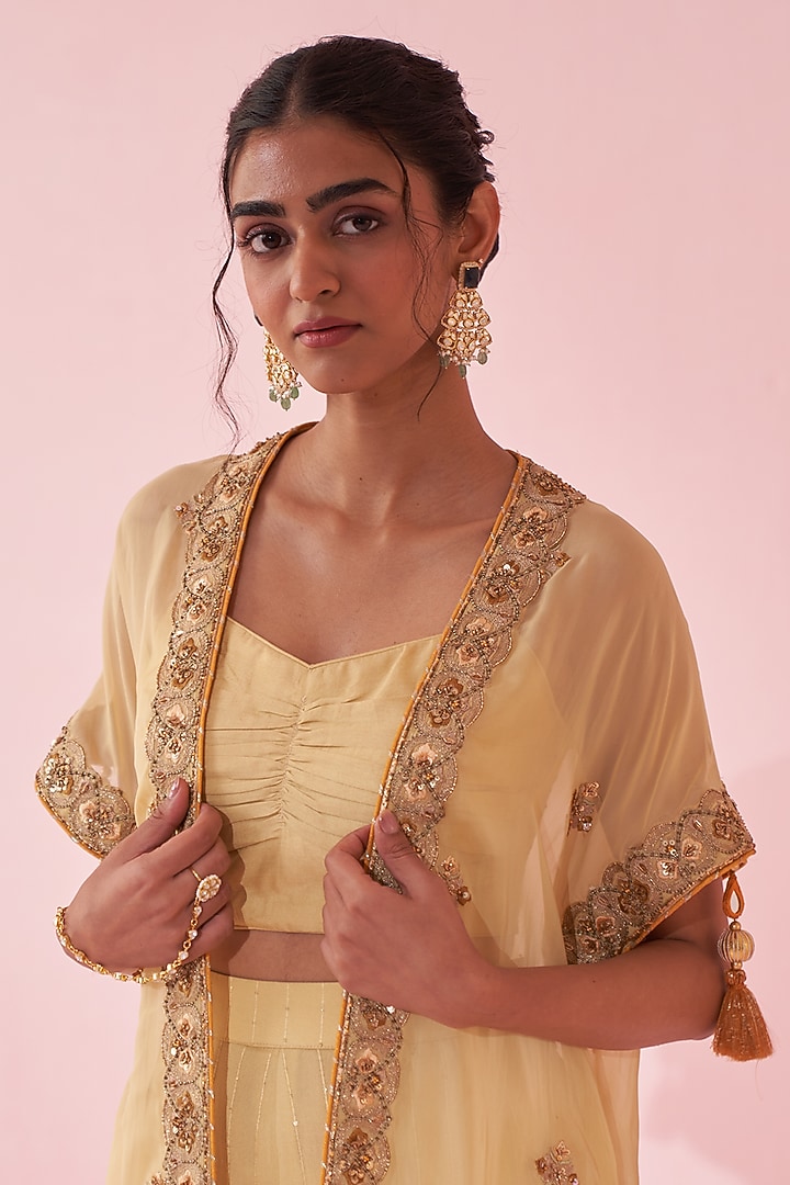 Yellow Organza Hand & Machine Embroidered Cape Set by Studio Bagechaa at Pernia's Pop Up Shop