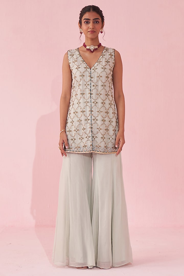 Pale Blue Organza Flared Party Wear Sharara Set by Studio Bagechaa at Pernia's Pop Up Shop