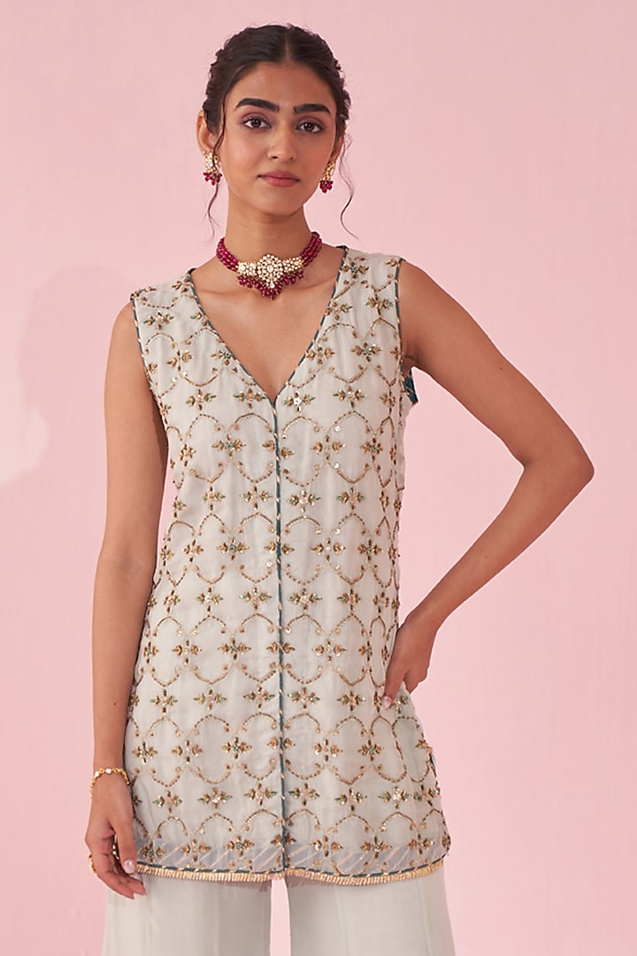 Pale Blue Organza Flared Party Wear Sharara Set by Studio Bagechaa at Pernia's Pop Up Shop