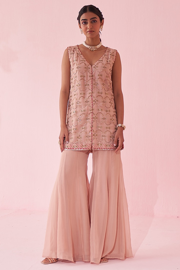 Blush Pink Organza Flared Party Wear Sharara Set by Studio Bagechaa at Pernia's Pop Up Shop