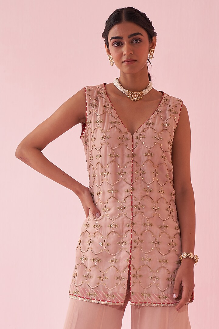 Blush Pink Organza Flared Party Wear Sharara Set by Studio Bagechaa at Pernia's Pop Up Shop
